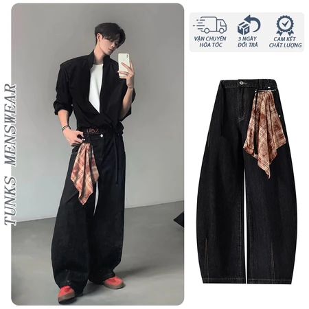 Quần Jean Đen Nguyên Dáng Ống Chuối Cong Kèm Khăn Caro Tháo Rời Phong Clean Fit Retro Unisex Nam Nữ