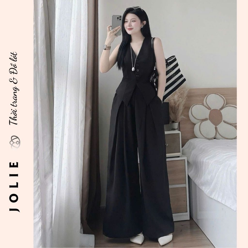 Bộ Vest Ghi Lê Dài & Quần Ống Rộng Xếp Ly Cao Cấp