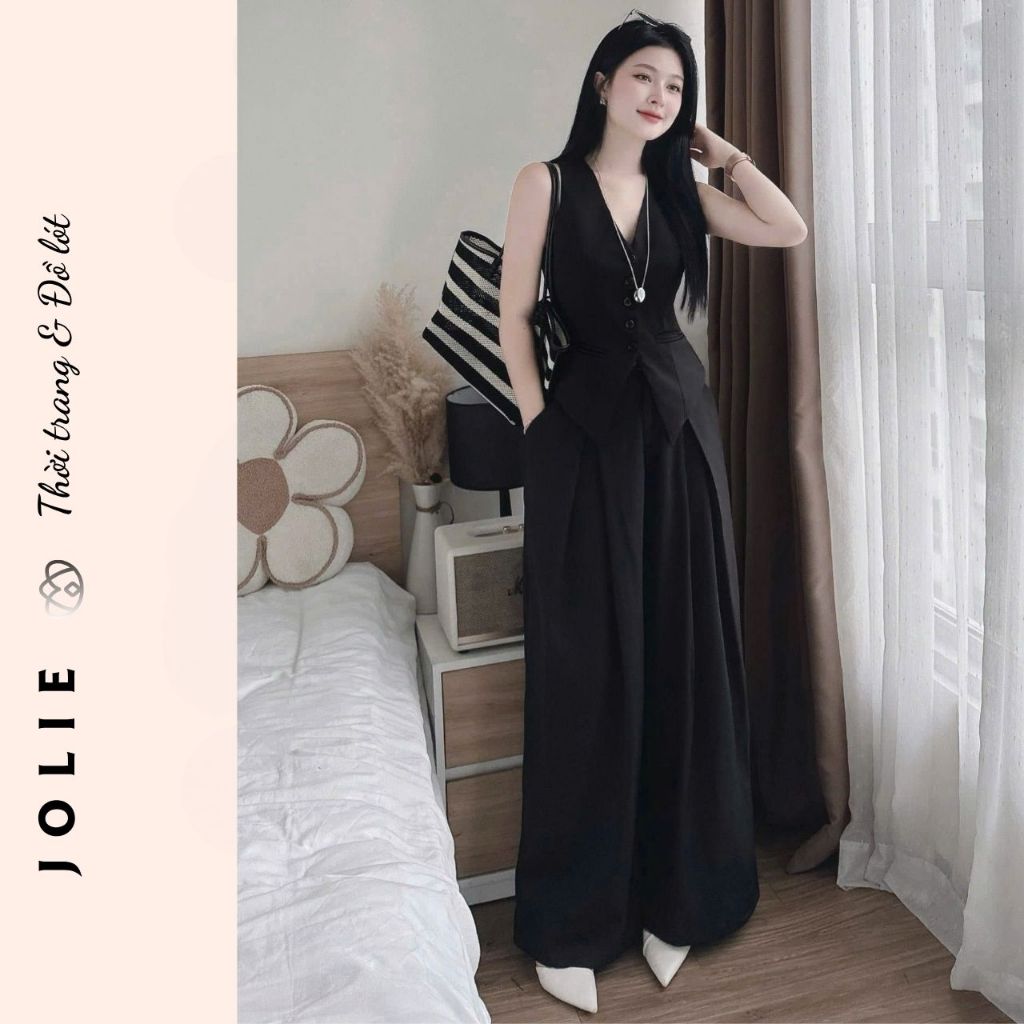 Bộ Vest Ghi Lê Dài & Quần Ống Rộng Xếp Ly Cao Cấp