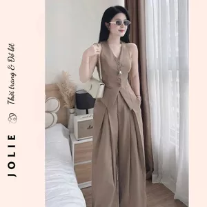 Bộ Vest Ghi Lê Dài & Quần Ống Rộng Xếp Ly Cao Cấp