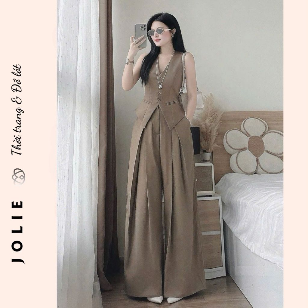 Bộ Vest Ghi Lê Dài & Quần Ống Rộng Xếp Ly Cao Cấp