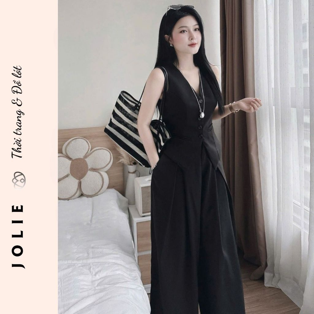 Bộ Vest Ghi Lê Dài & Quần Ống Rộng Xếp Ly Cao Cấp
