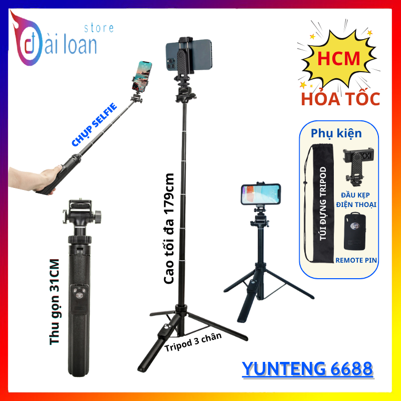 Gậy Chụp Ảnh Yunteng VCT 6688 - Tích Hợp Tripod Cao 1m8, Remote Bluetooth Và Kẹp Điện Thoại