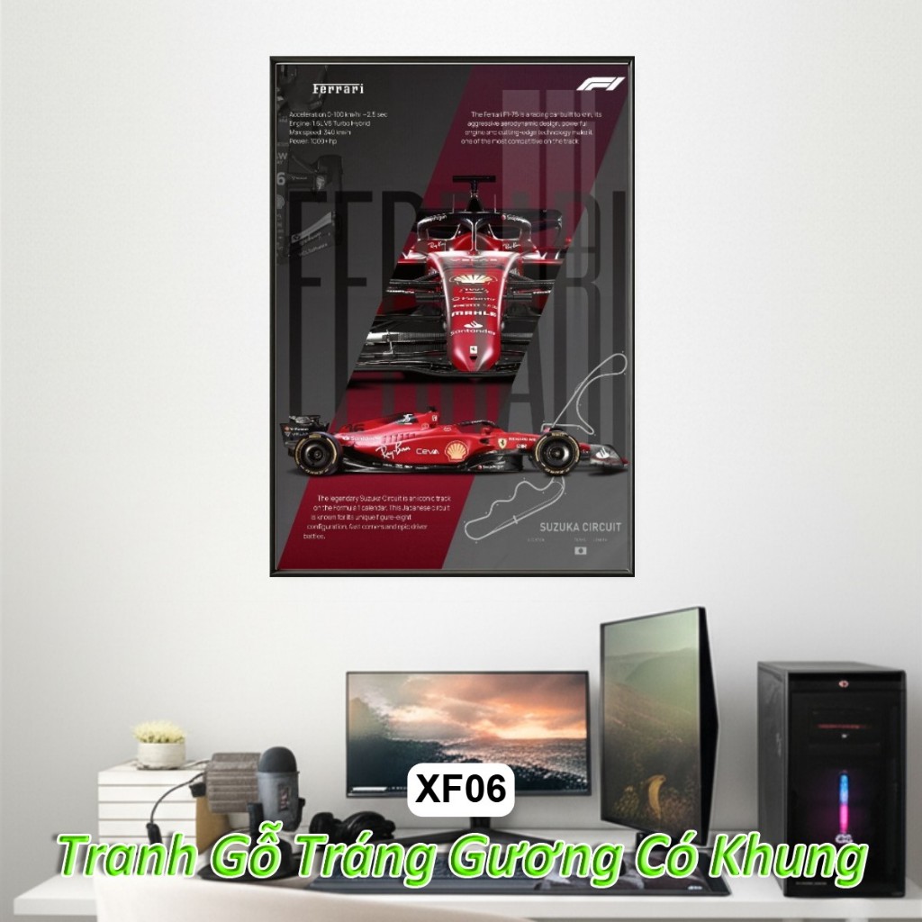 Tranh Poster Siêu Xe F1 Racing Tráng Gương Khung Composite Treo Tường Decor Phòng Khách Phòng Ngủ Không Gian Làm Việc