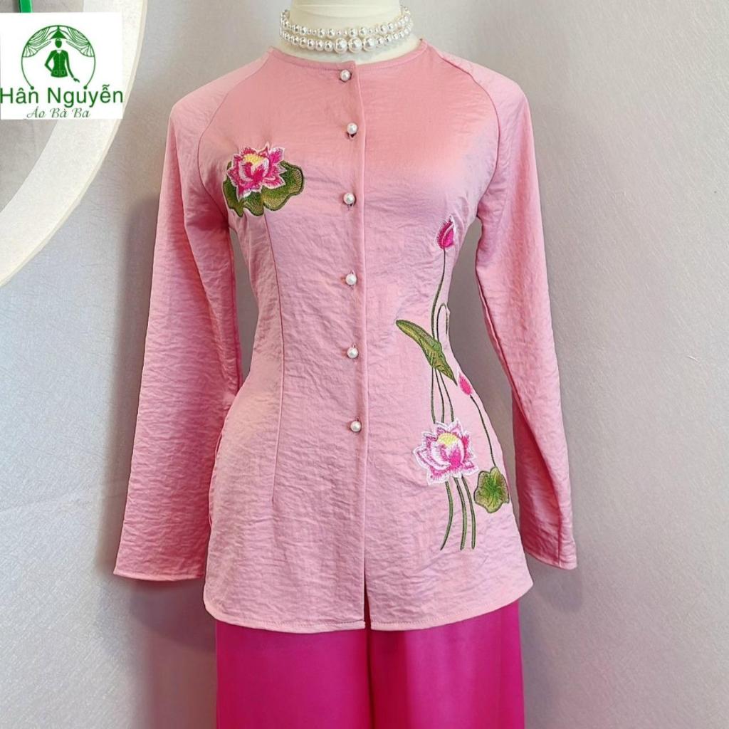B.A83 - Bộ Bà Ba Lụa Thêu Hoa Sen (CÀI NÚT)