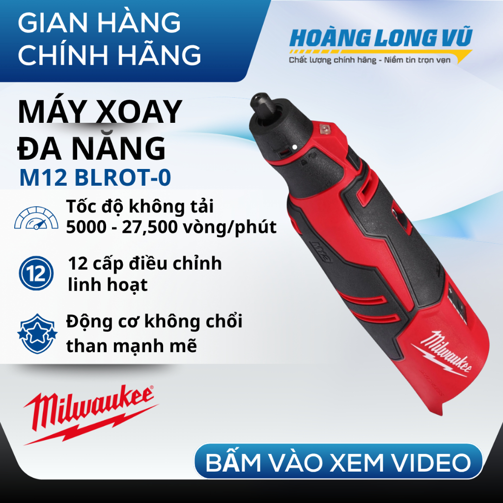 Máy mài khuôn, máy xoay đa năng Milwaukee M12 BLROT (cốt 3mm) dùng pin 12V chính hãng