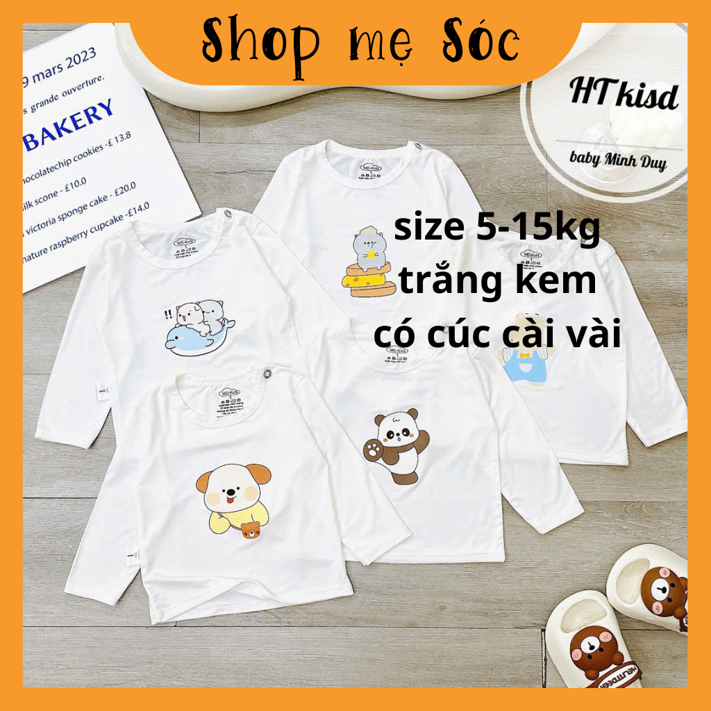 ÁO DÀI TAY chất thun lạnh NỀN TRẮNG KEM họa tiết thú đáng yêu, có cúc cài vai cho bé từ 4-14kg Mesocshop
