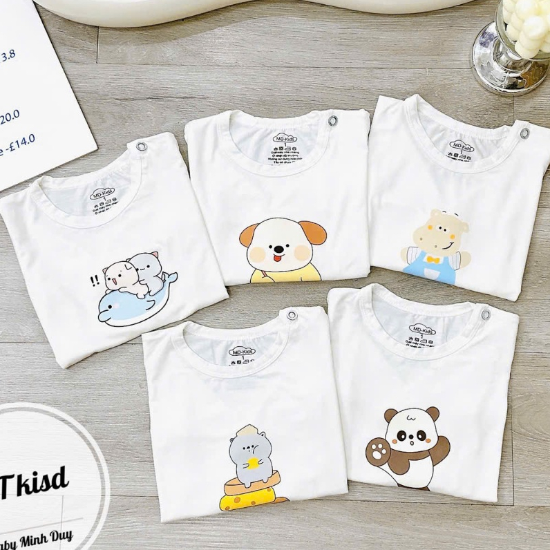 ÁO DÀI TAY chất thun lạnh NỀN TRẮNG KEM họa tiết thú đáng yêu, có cúc cài vai cho bé từ 4-14kg Mesocshop