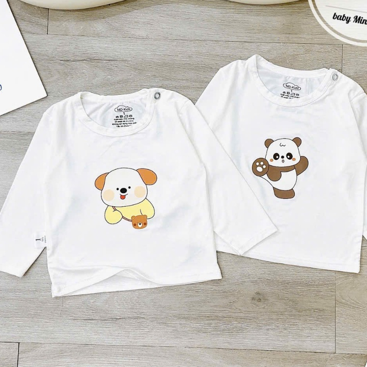 ÁO DÀI TAY chất thun lạnh NỀN TRẮNG KEM họa tiết thú đáng yêu, có cúc cài vai cho bé từ 4-14kg Mesocshop