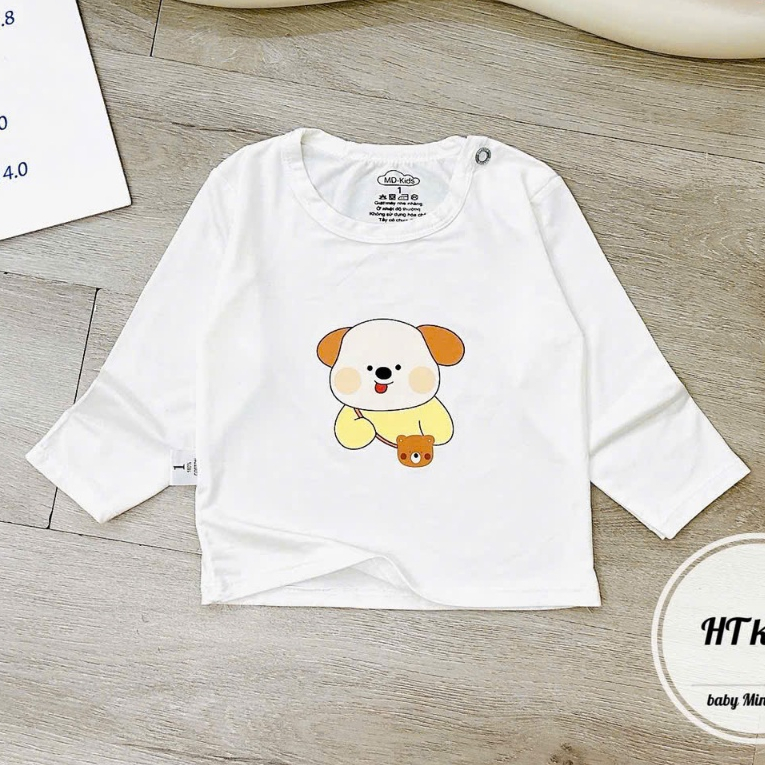ÁO DÀI TAY chất thun lạnh NỀN TRẮNG KEM họa tiết thú đáng yêu, có cúc cài vai cho bé từ 4-14kg Mesocshop