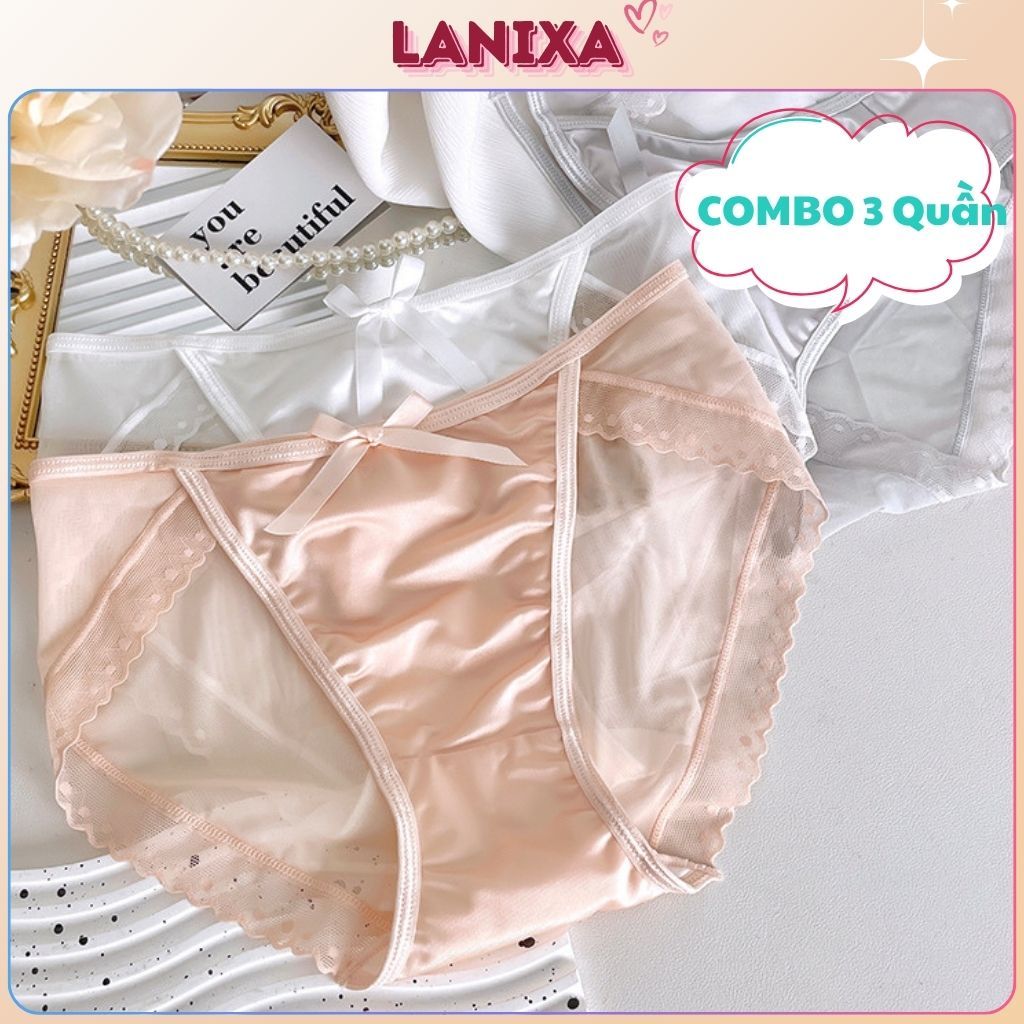 COMBO4 Quần lót nữ lụa satin sang trọng gợi cảm phối lưới thoáng khí má mẻ đính nơ cute LANIXA L8836