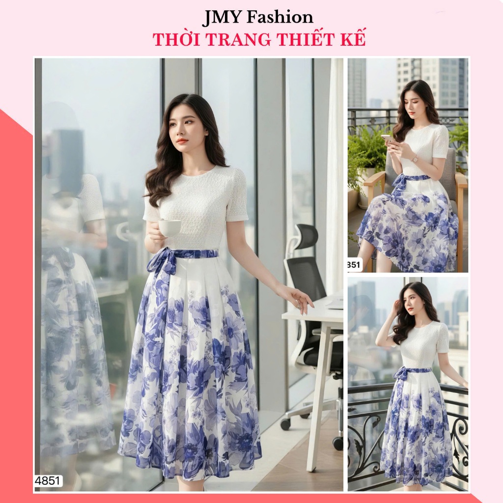 V4851 Váy trắng xòe hoa xanh sang chảnh (tặng kèm đai) [Dolce Viva ...