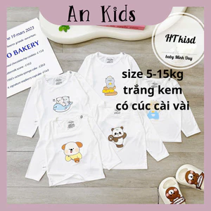 ÁO DÀI TAY chất thun lạnh NỀN TRẮNG KEM họa tiết thú đáng yêu, có cúc cài vai cho bé từ 4-14kg