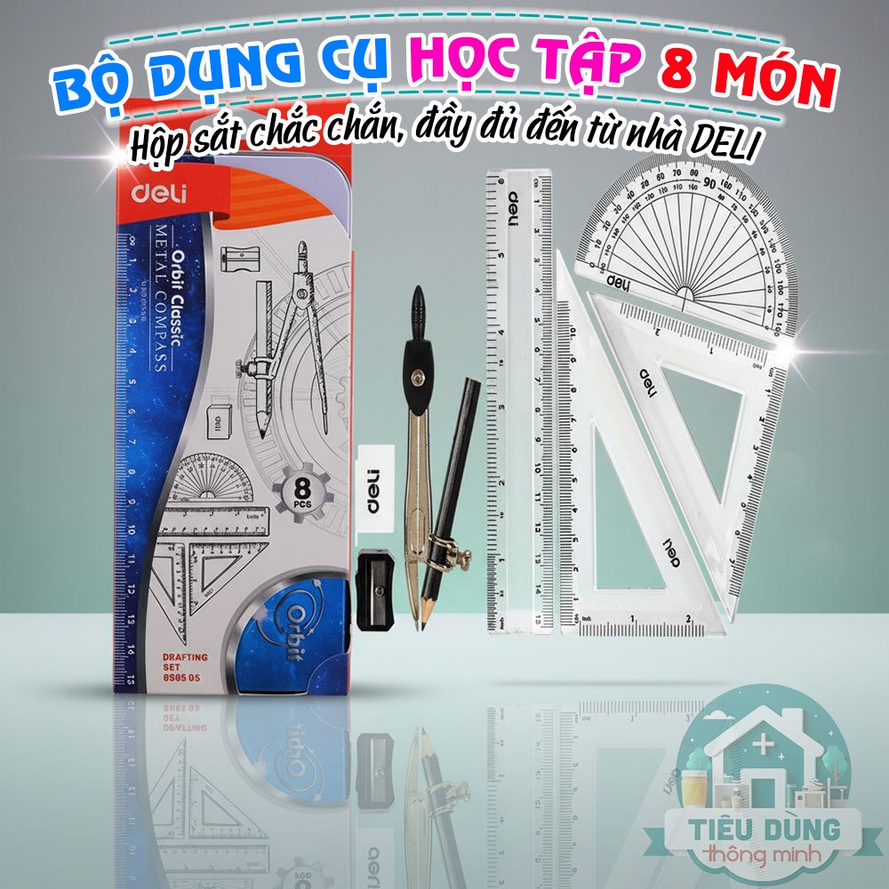 Bộ Dụng Cụ Học Tập Deli 8 Trong 1 Hộp Sắt - Compa Thước Kẻ Eke Cho Học ...