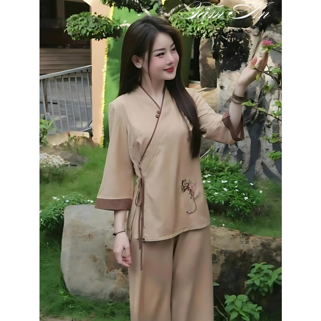 Bộ Đồ Lam Đi Chùa,Pháp Phục đi Lễ chất lụa cao cấp - Pháp Phục Tịnh Tâm An TA02