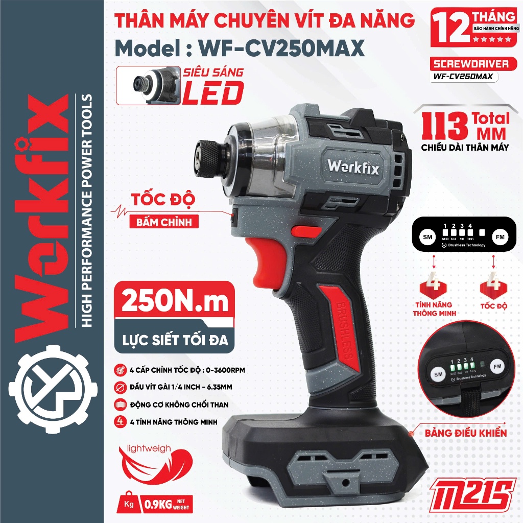 Máy chuyên vít pin Workfix WF-SD250MAX, 250N, Điều tốc 4 cấp độ, 4 tính năng, Motor không chổi than, có autostop