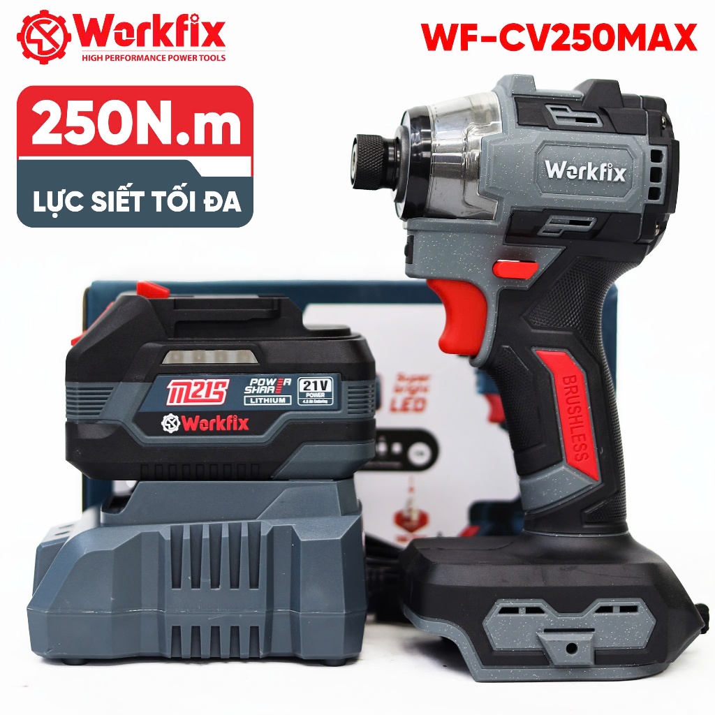 Máy chuyên vít pin Workfix WF-SD250MAX, 250N, Điều tốc 4 cấp độ, 4 tính năng, Motor không chổi than, có autostop