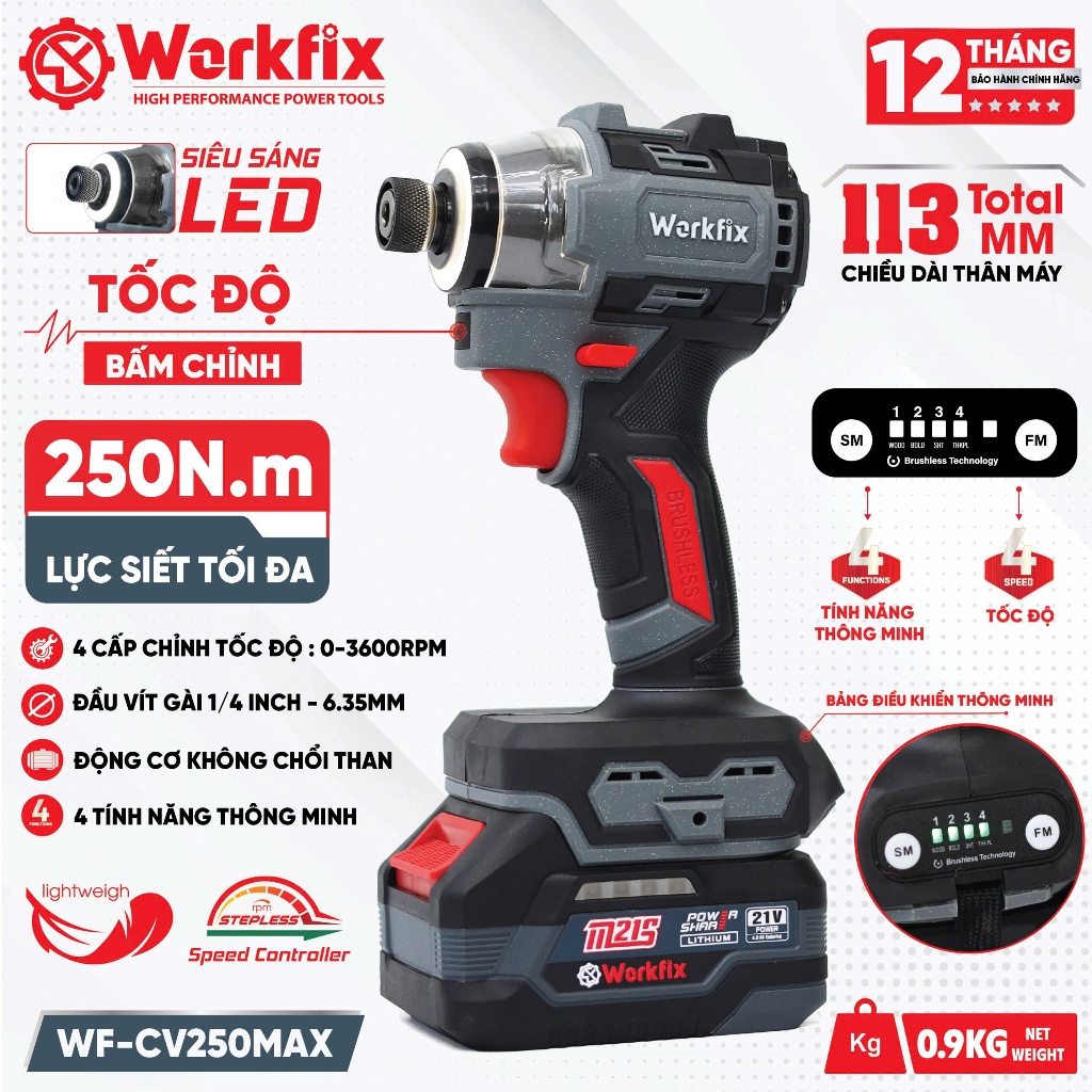 Máy chuyên vít pin Workfix WF-SD250MAX, 250N, Điều tốc 4 cấp độ, 4 tính năng, Motor không chổi than, có autostop