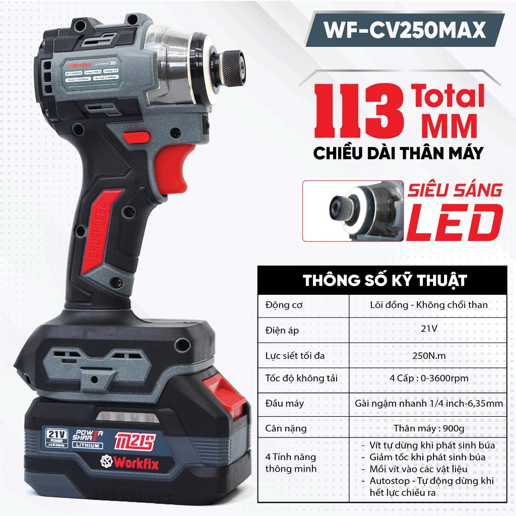 Máy chuyên vít pin Workfix WF-SD250MAX, 250N, Điều tốc 4 cấp độ, 4 tính năng, Motor không chổi than, có autostop