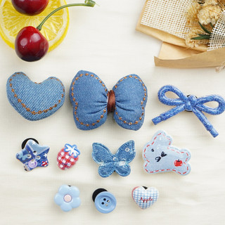 Bộ 10 Sticker, Charm 3D chủ đề Tim nơ Jean nhựa cứng gắn Dép Sục, Cá Sấu Mita JB-398