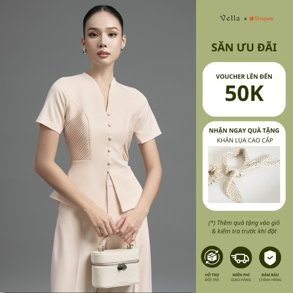 Set công sở nữ áo peplum ngắn tay & quần culottes suông tôn dáng Vella VA25078