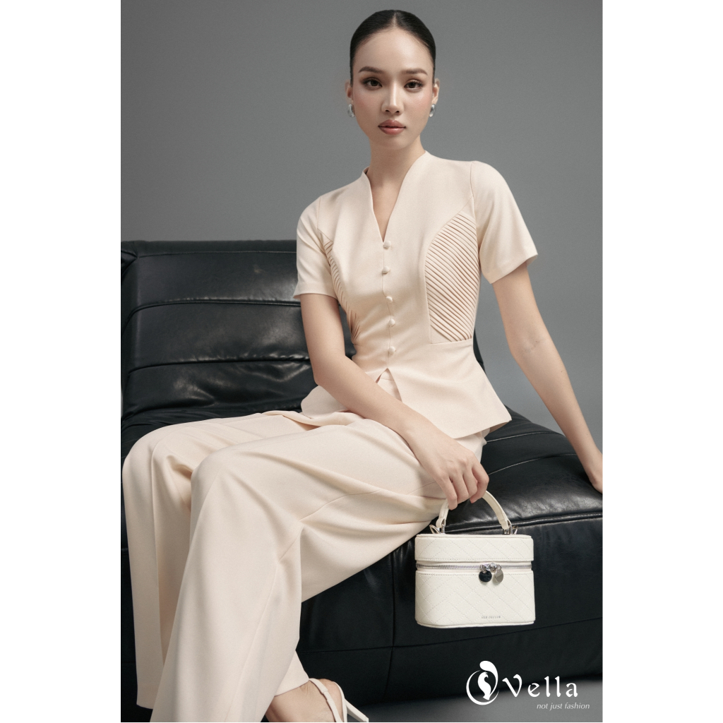 Set công sở nữ CELA quần culottes ống suông & áo peplum ngắn tay VQ25079
