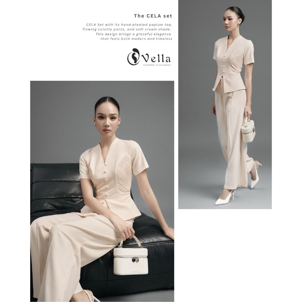 Set công sở nữ CELA quần culottes ống suông & áo peplum ngắn tay VQ25079