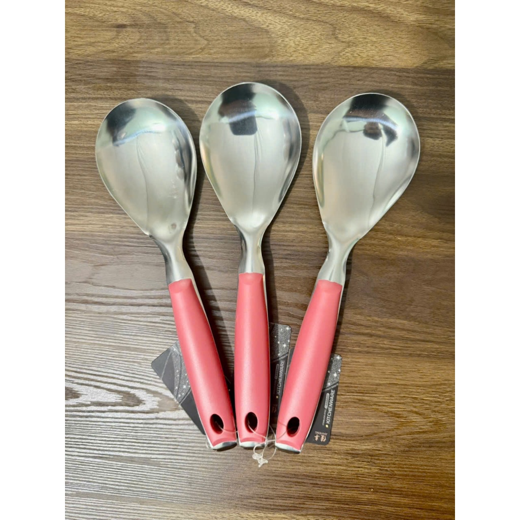 Vá Inox Cán Nhựa Hồng - Vá Sạn Inox Lớn, Vá Canh, Vá Cơm Hàng Dày Cao Cấp