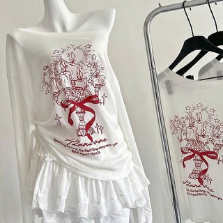 Áo thun lệch vai dài tay dành cho nữ from rộng in nơ đỏ chất cotton mềm mịn dễ phối đồ