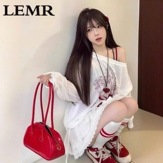 Áo thun lệch vai dài tay dành cho nữ from rộng in nơ đỏ chất cotton mềm mịn dễ phối đồ