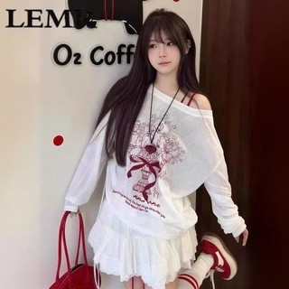Áo thun lệch vai điệu đà dành cho nữ dài tay from rộng in nơ đỏ chất cotton mềm mịn dễ phối đồ