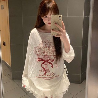 Áo thun lệch vai điệu đà dành cho nữ dài tay from rộng in nơ đỏ chất cotton mềm mịn dễ phối đồ