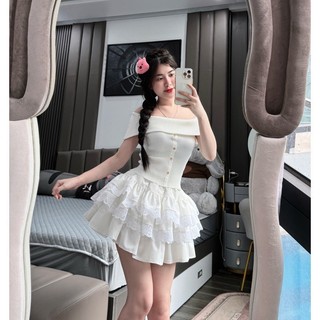 Chân váy trắng đen coquette xoè tầng bèo ren ngắn phồng chất đũi lưng chun có quần bảo hộ CV030