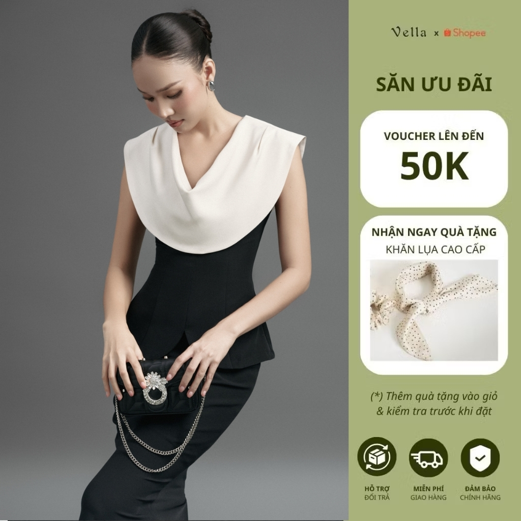 Áo sơ mi peplum công sở cổ đổ tôn dáng & váy bút chì dáng dài màu đen Vella VA25076 VV25077
