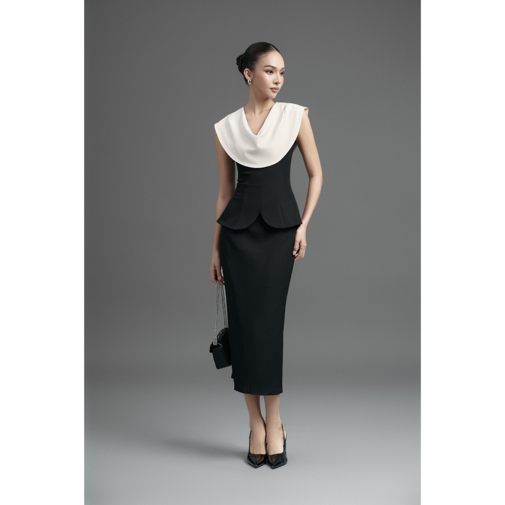 Set công sở nữ chân váy bút chì màu đen dáng dài & áo sơ mi peplum cổ đổ Vella VA25076 VV25077