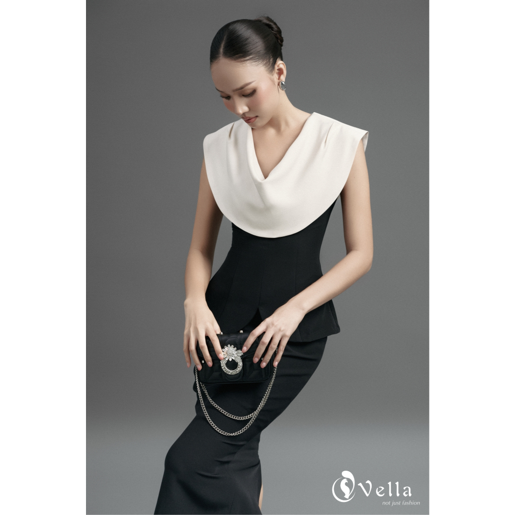 Áo sơ mi peplum công sở cổ đổ tôn dáng & váy bút chì dáng dài màu đen Vella VA25076 VV25077