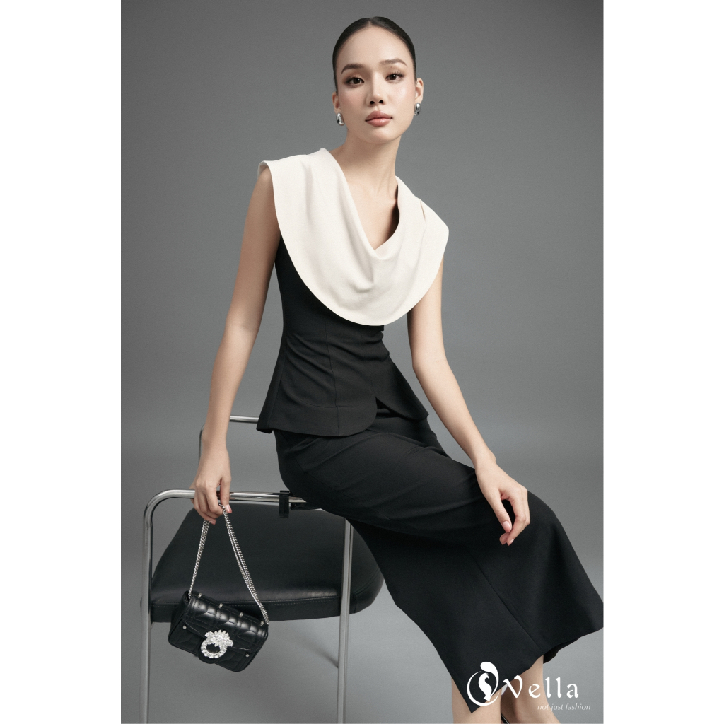 Set công sở nữ chân váy bút chì màu đen dáng dài & áo sơ mi peplum cổ đổ Vella VA25076 VV25077
