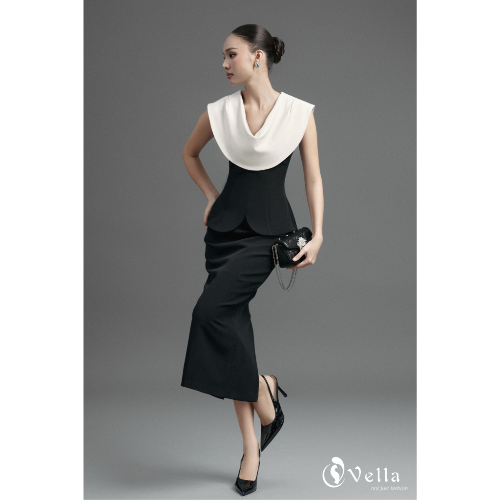 Set công sở nữ chân váy bút chì màu đen dáng dài & áo sơ mi peplum cổ đổ Vella VA25076 VV25077
