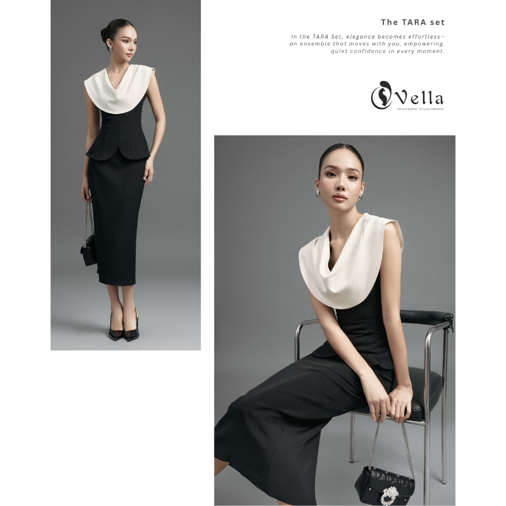 Áo sơ mi peplum công sở cổ đổ tôn dáng & váy bút chì dáng dài màu đen Vella VA25076 VV25077