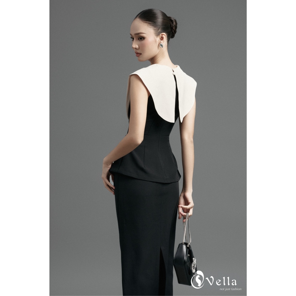 Set công sở nữ chân váy bút chì màu đen dáng dài & áo sơ mi peplum cổ đổ Vella VA25076 VV25077