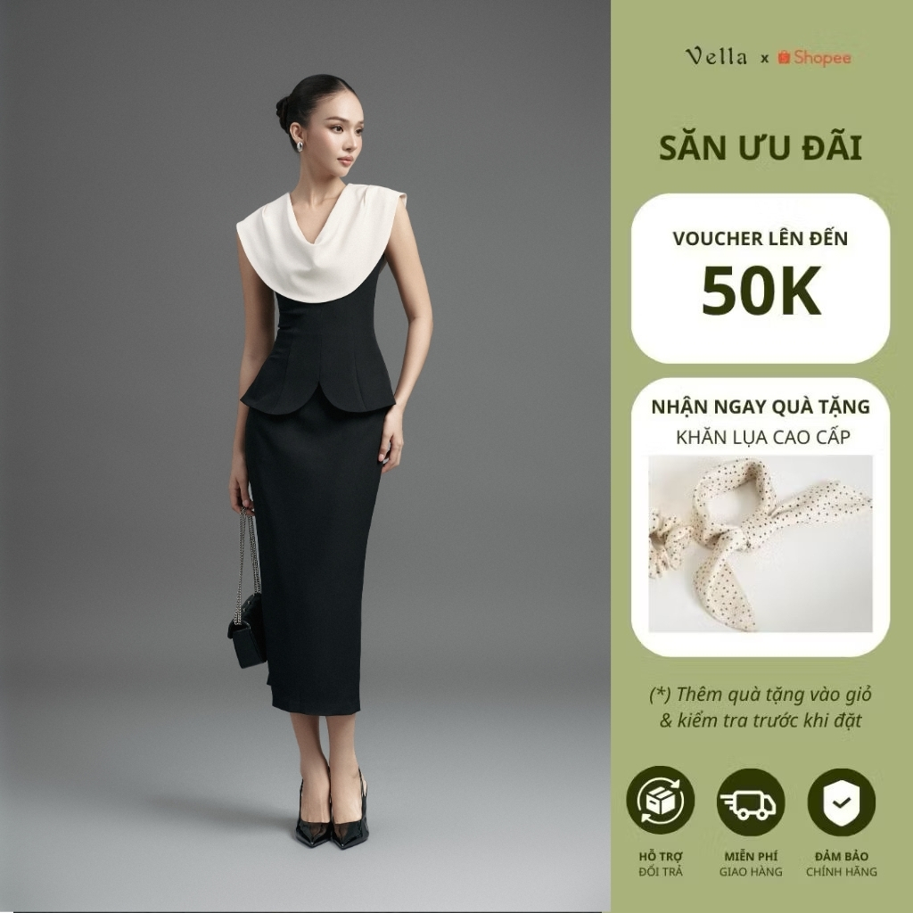 Set công sở nữ chân váy bút chì màu đen dáng dài & áo sơ mi peplum cổ đổ Vella VA25076 VV25077