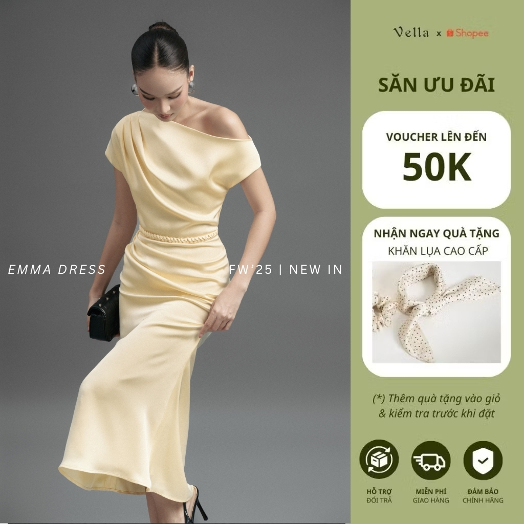 Đầm nữ đi tiệc lệch vai sang trọng màu trắng, vàng, đen, đỏ Vella Fashion VD24109 - EMMA Dress