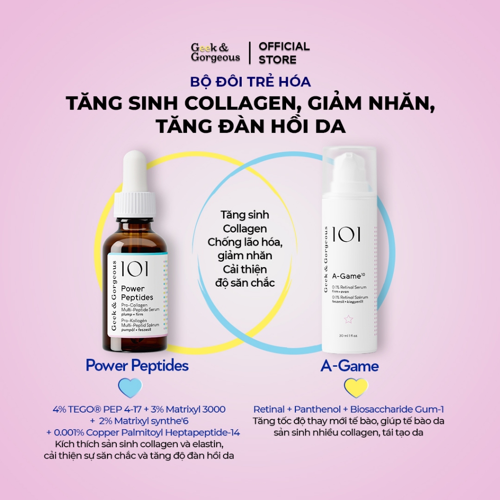 Bộ đôi trẻ hóa, tăng sinh collagen, giảm nhăn cải thiện làn da đàn hồi Geek&Gorgeous Power Peptides + A-Game 30ml+30ml | BigBuy360 - bigbuy360.vn