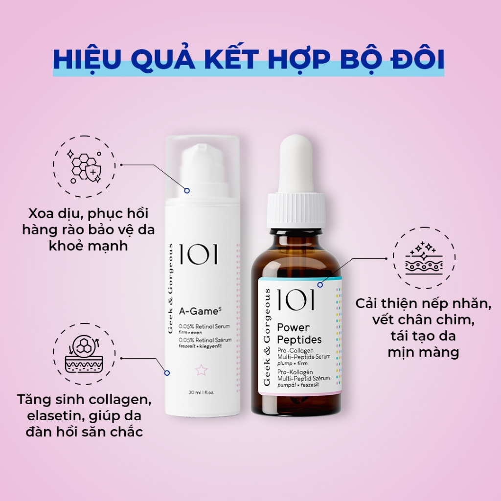 Bộ đôi trẻ hóa, tăng sinh collagen, giảm nhăn cải thiện làn da đàn hồi Geek&Gorgeous Power Peptides + A-Game 30ml+30ml | BigBuy360 - bigbuy360.vn