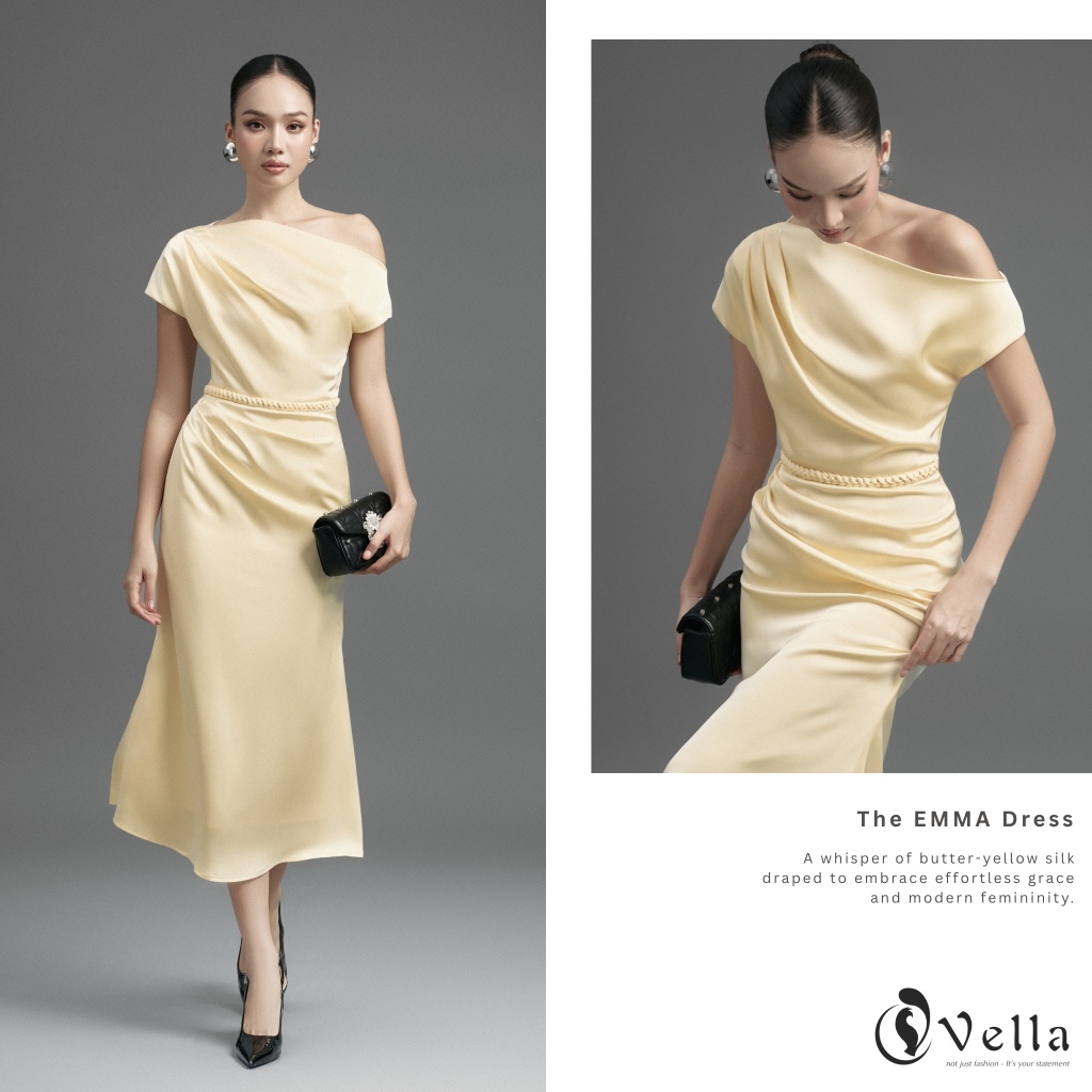 Đầm nữ đi tiệc lệch vai sang trọng màu trắng, vàng, đen, đỏ Vella Fashion VD24109 - EMMA Dress