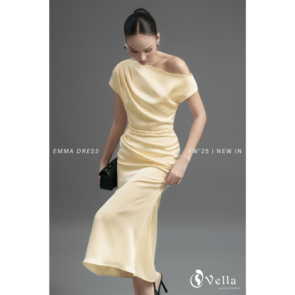 Đầm nữ đi tiệc lệch vai sang trọng màu trắng, vàng, đen, đỏ Vella Fashion VD24109 - EMMA Dress