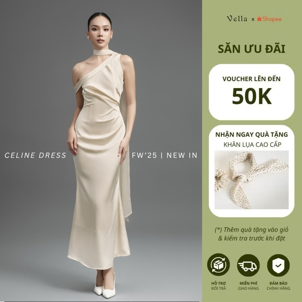 Đầm dự tiệc, sự kiện sang trọng lệch vai màu đen, màu kem phối khăn choàng voan Vella VD25073