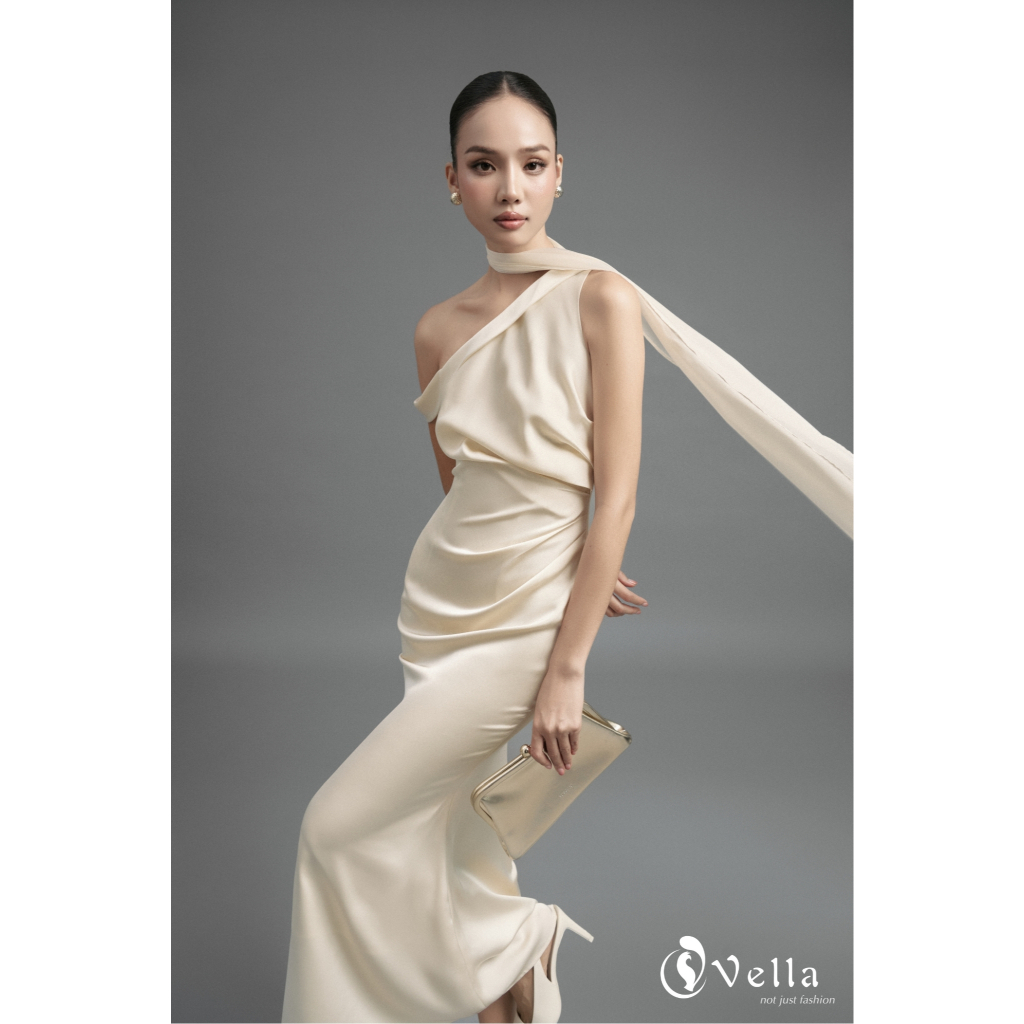Đầm dự tiệc, sự kiện sang trọng lệch vai màu kem phối khăn choàng voan Vella VD25073