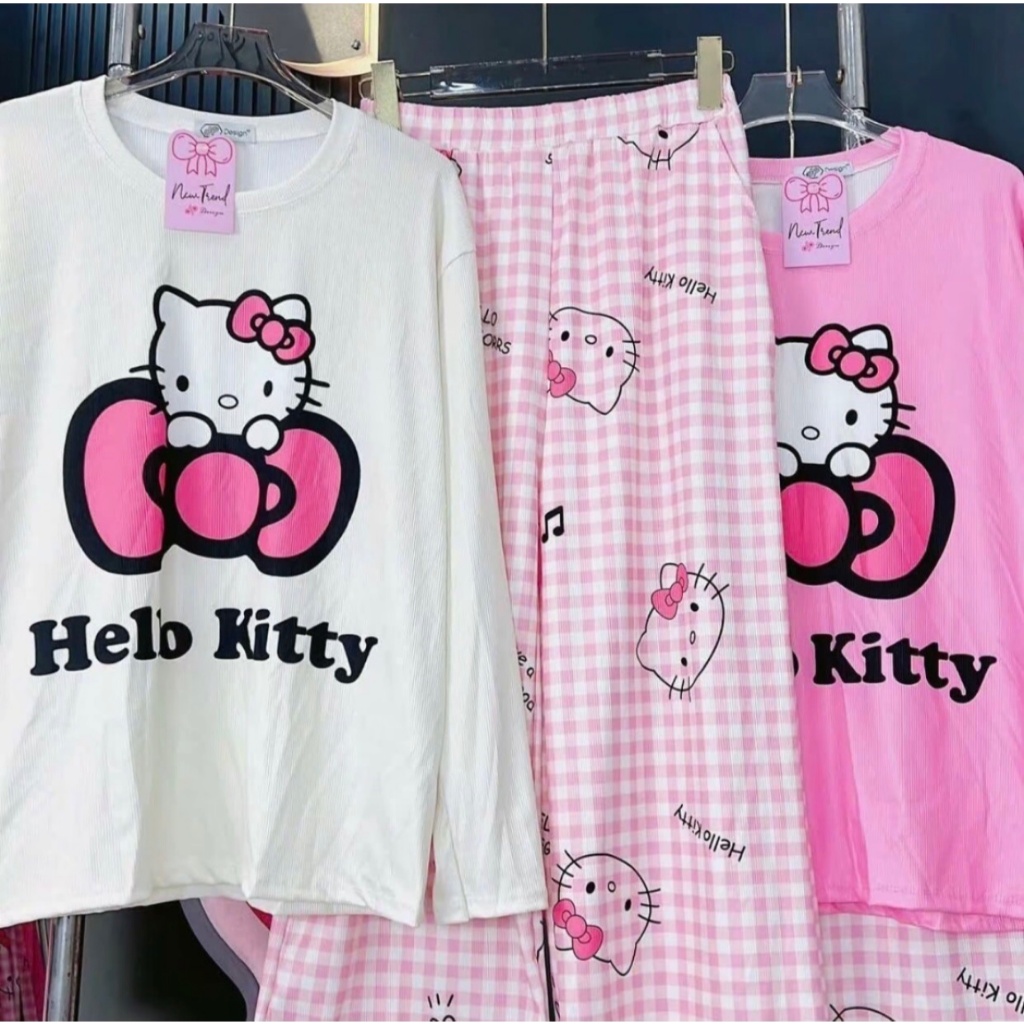 Sét Bộ Dài Tay HELOKITTY & Quần Dài Chất Vải Mềm Mịn Co GIÃN Thỏa Mái Cho Bé Gái Từ 9-43KG Có 2 Mầu Để Lựa Chọn Ạ