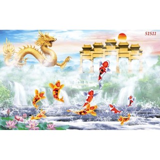 Tranh dán tường cá chép vượt vũ môn, tranh cá chép hóa rồng, tranh được in trên chất liệu vải lụa(shop tặng kèm keo dán)